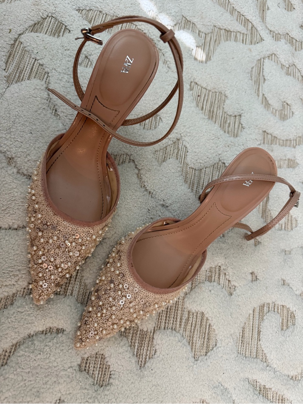 Zara pearl sequin mesh embellished Pointed Toe Ankle-Strap heels - Nude pink